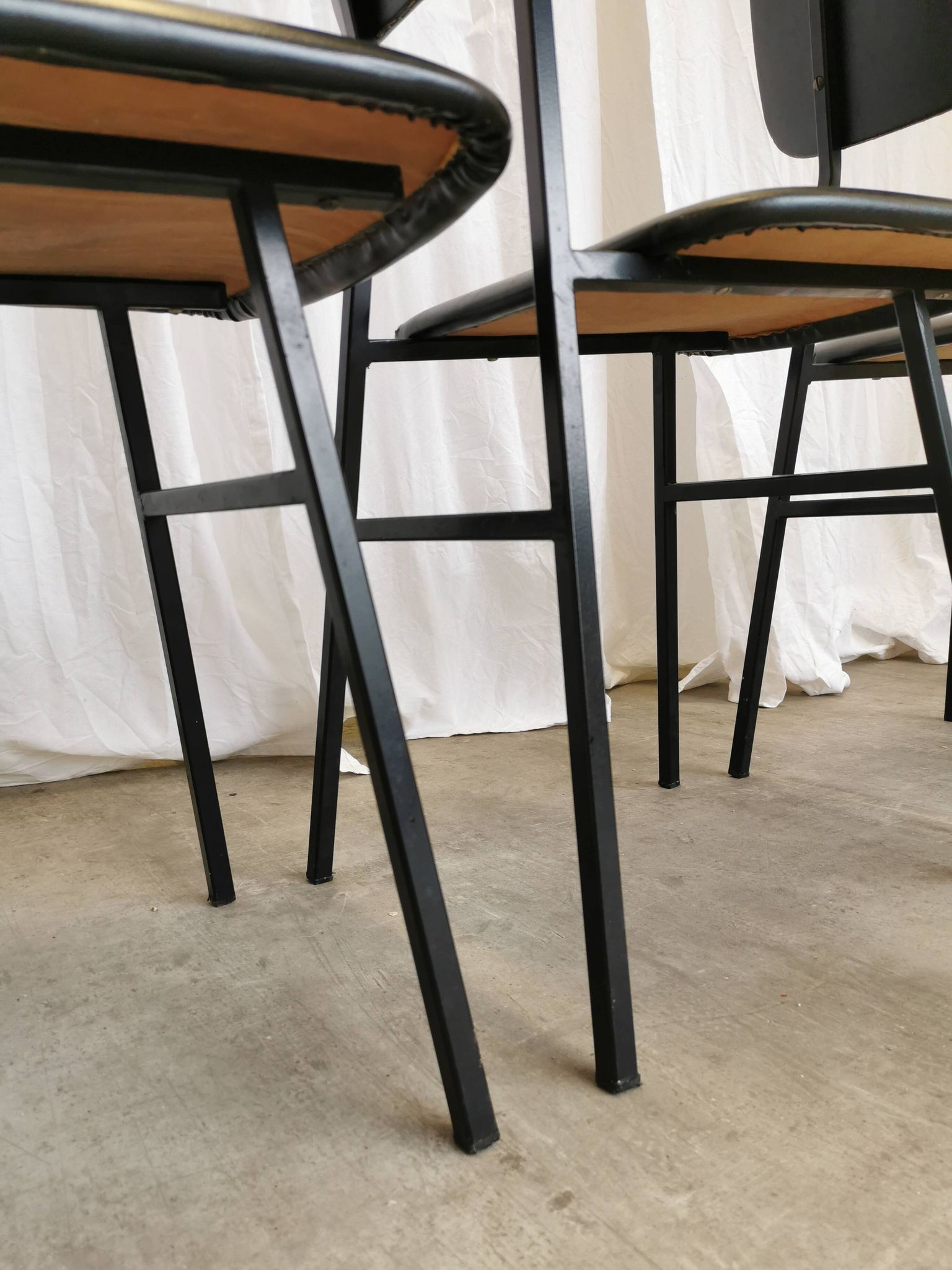 SET of 4 Vintage School Chairs /Black Leather / STOL Kamnik 80s Yugoslavia