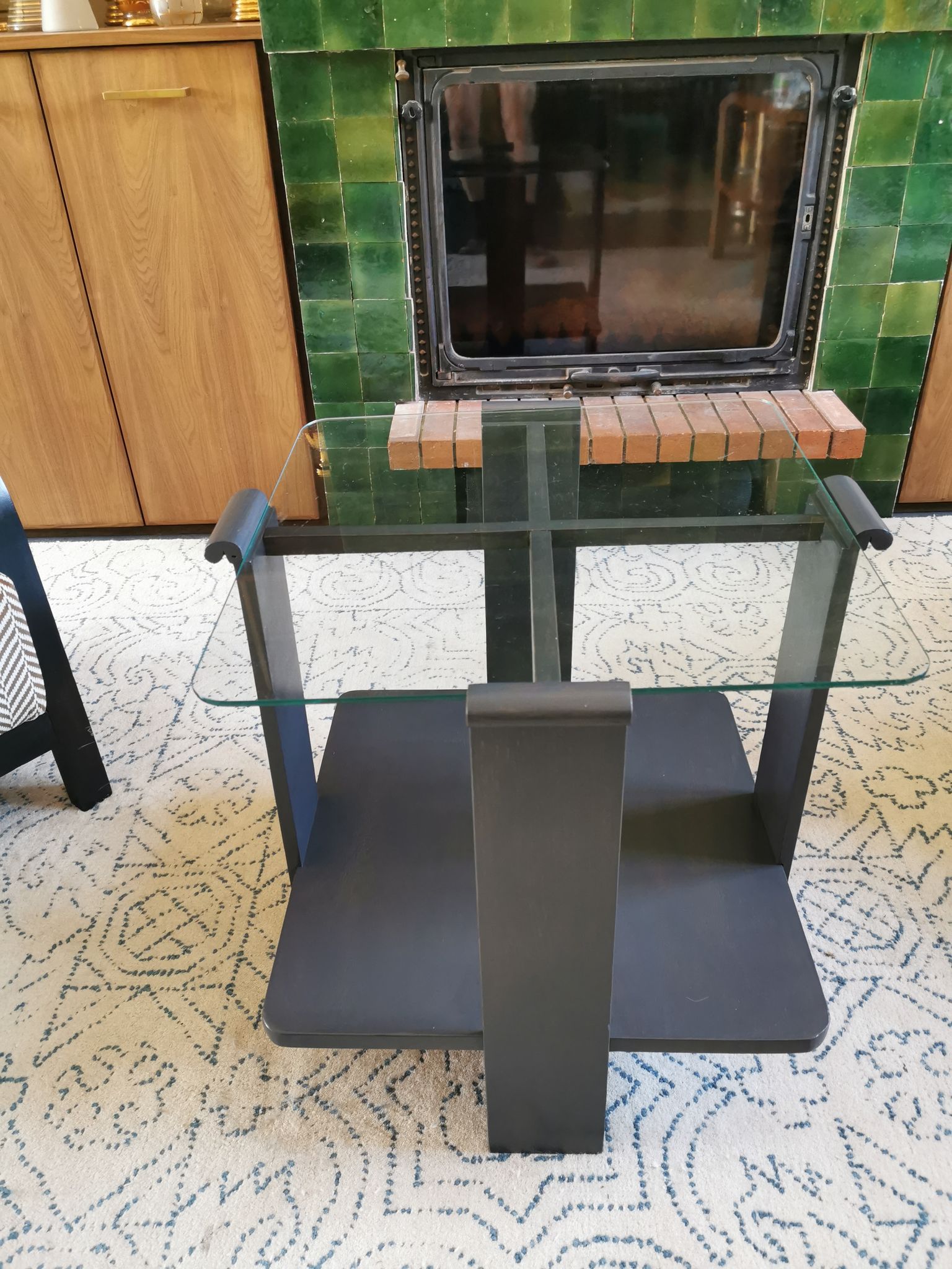 Table basse art déco en bois et verre