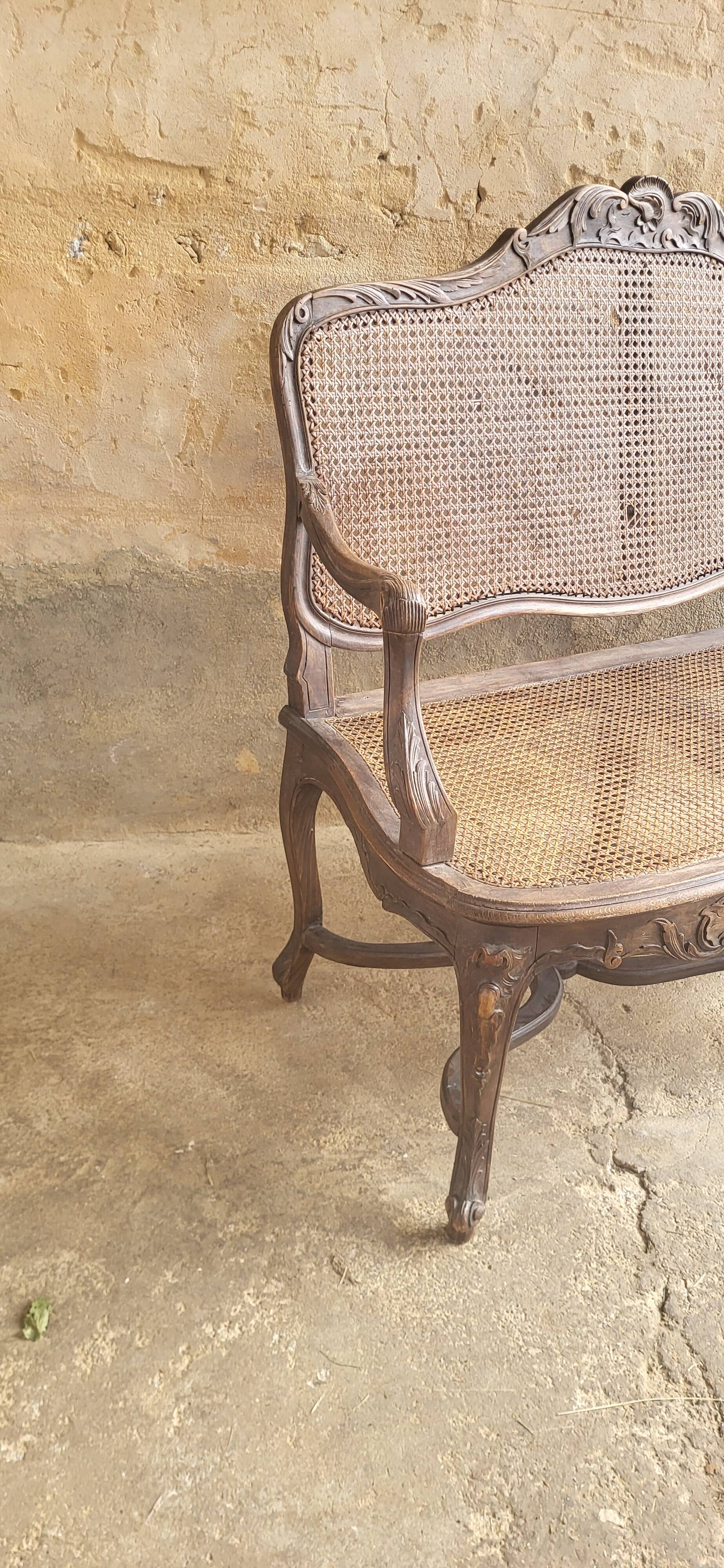 Louis XV rattan cane bench, 19th century