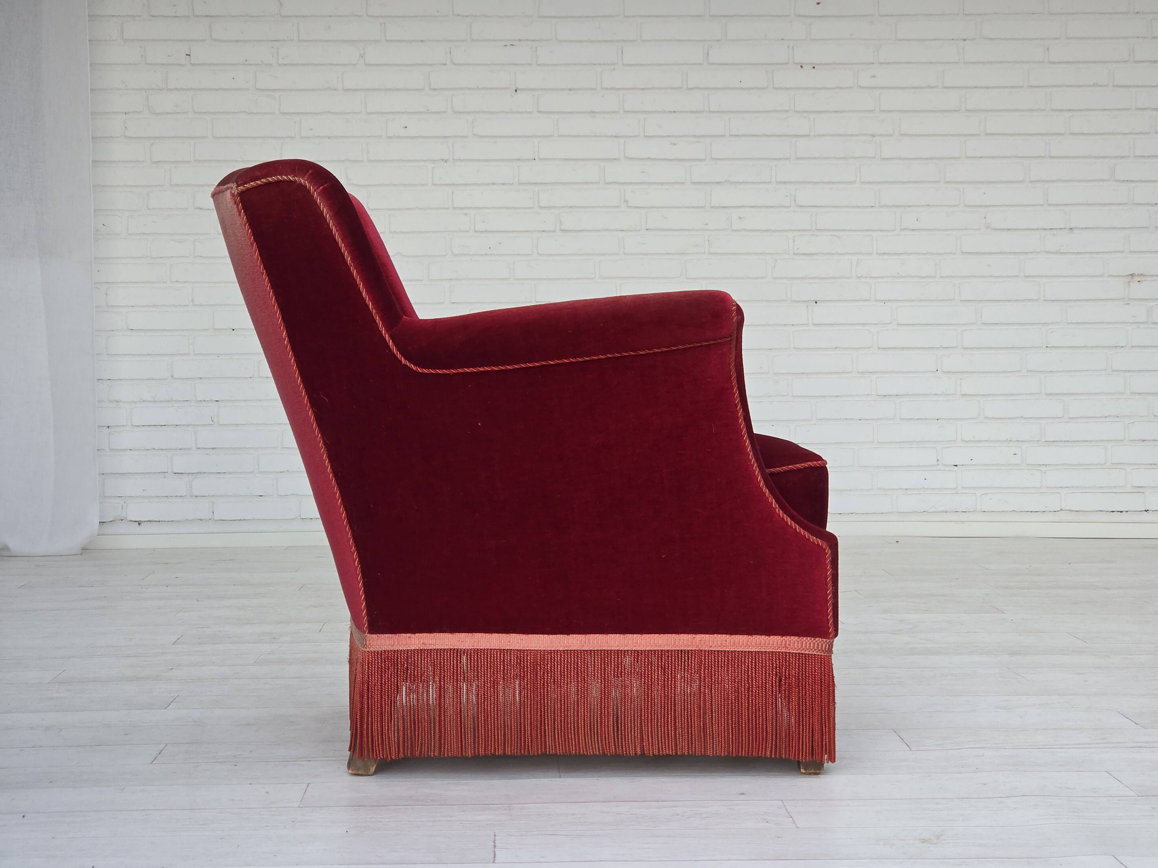 1960s, Danish armchair, cherry-red furniture velour, ash wood, original.