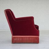 1960s, Danish armchair, cherry-red furniture velour, ash wood, original.