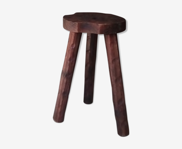 Tabouret brutaliste en bois d'olivier années 40 taillé à la gouge art populaire