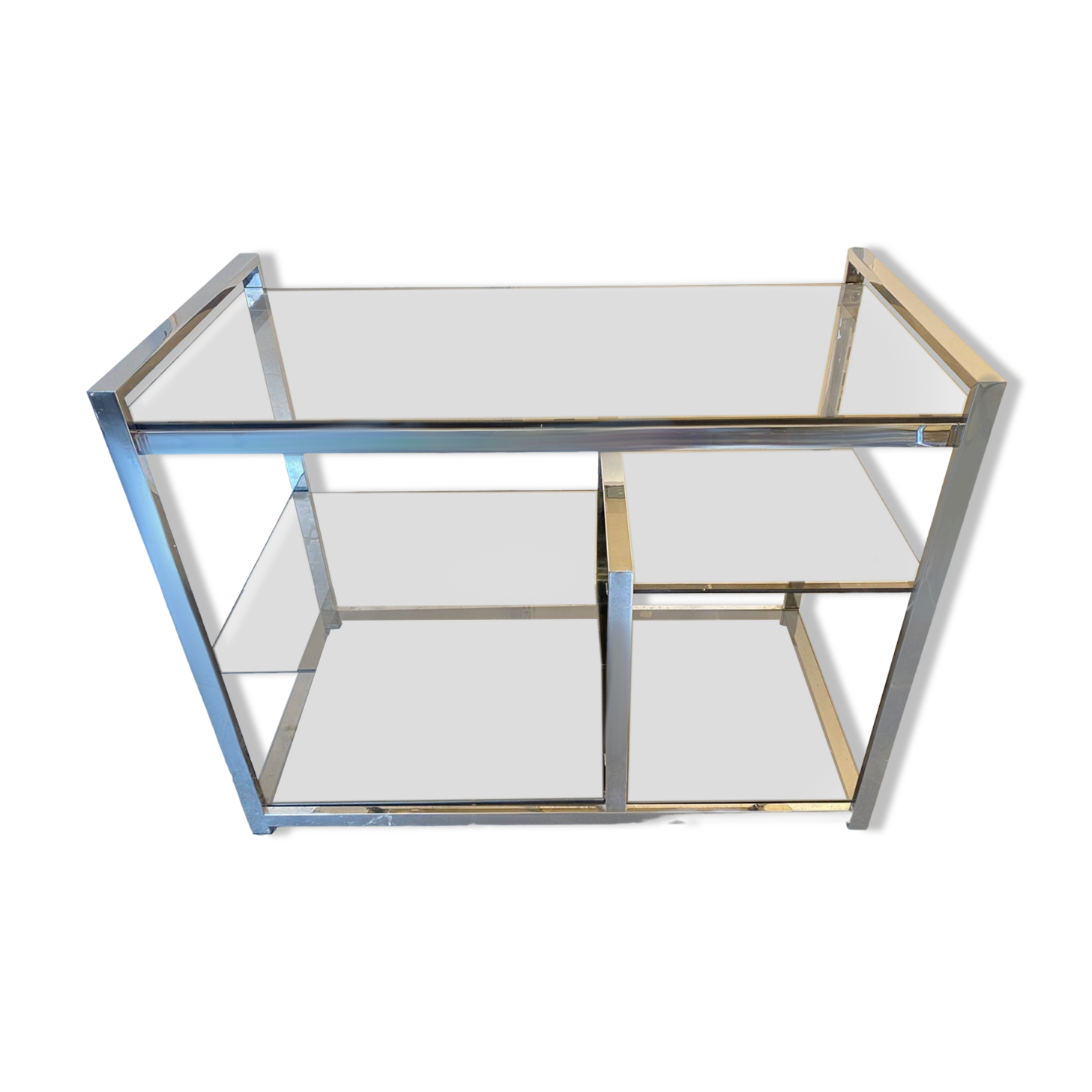 TV storage unit in chrome steel and vintage glass 1970