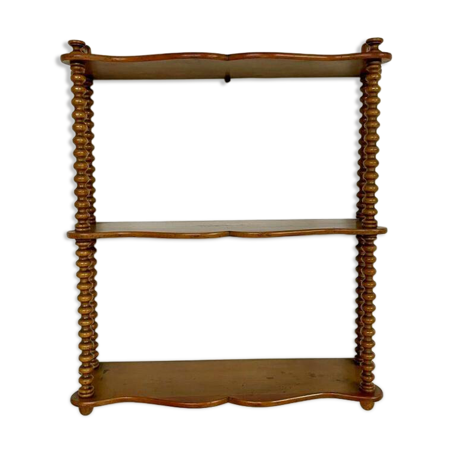 Vintage turned wood wall shelf with 3 levels.