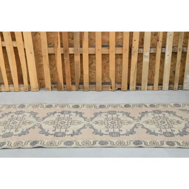 1970s vintage Turkish hand-knotted wool cotton beige runner rug 93x301