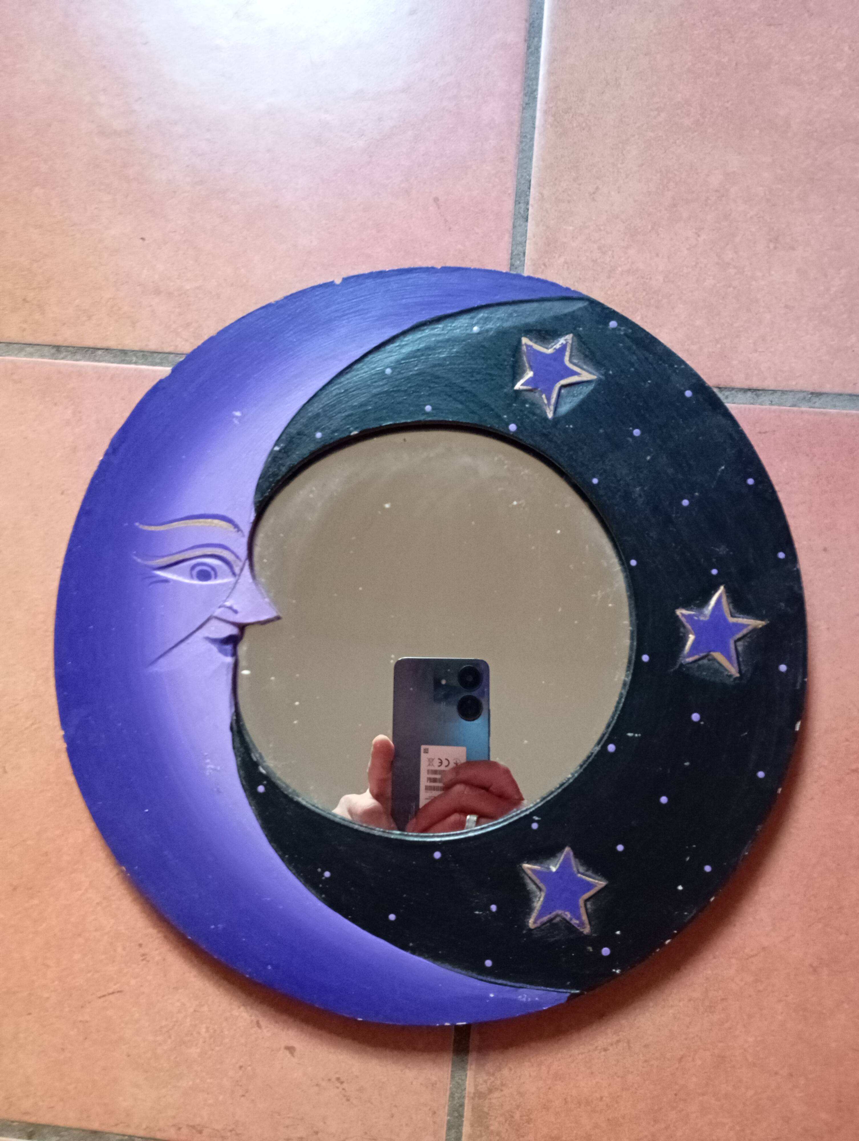Wooden moon mirror / purple & black