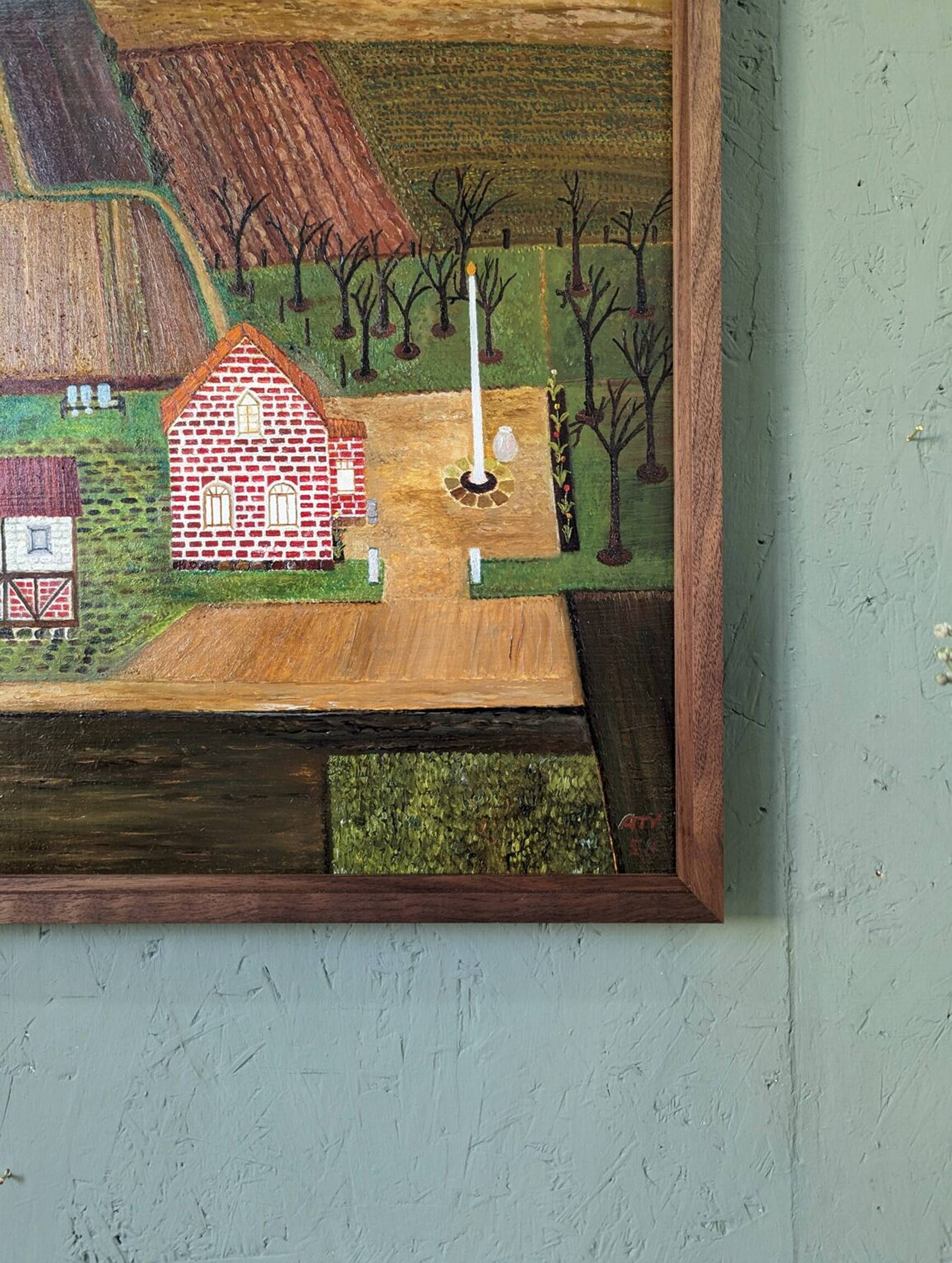 Mid-Century Modern "The Working Farm" Vintage Naïve Style Landscape Oil Painting, Framed