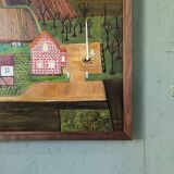 Mid-Century Modern "The Working Farm" Vintage Naïve Style Landscape Oil Painting, Framed