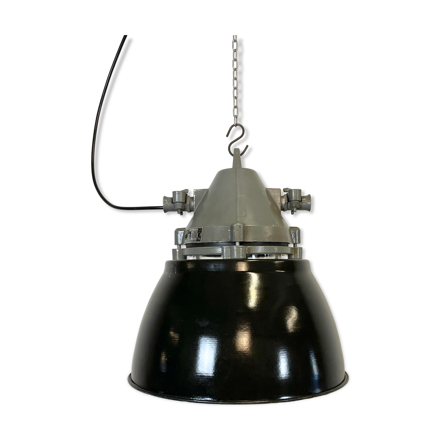 Dark grey explosion proof lamp with black enameled shade, 1970s