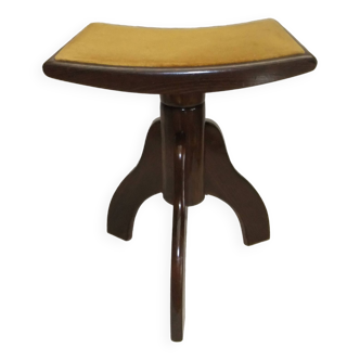 Tabouret de piano banc ancien pied tripode bois dessus velours moutarde