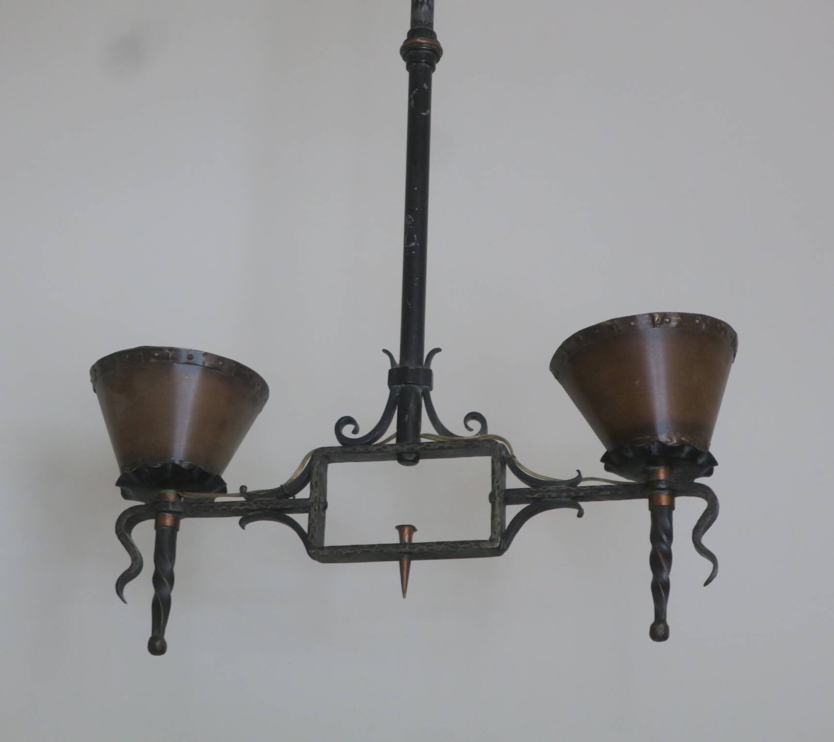 Brutalist wrought iron and copper 2-arm chandelier, 1960s