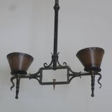 Brutalist wrought iron and copper 2-arm chandelier, 1960s