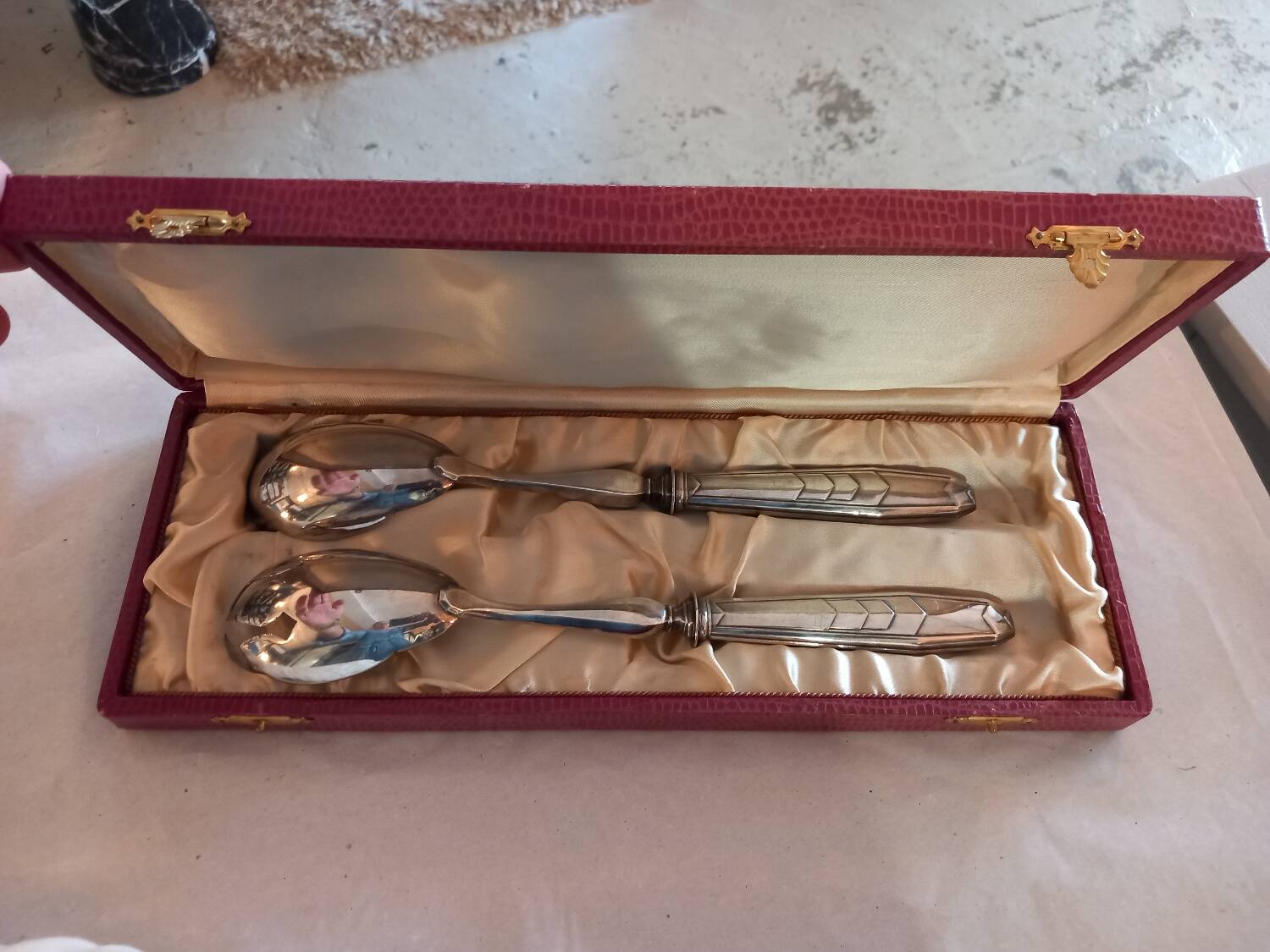 Pair of salad servers. silver plated. art deco