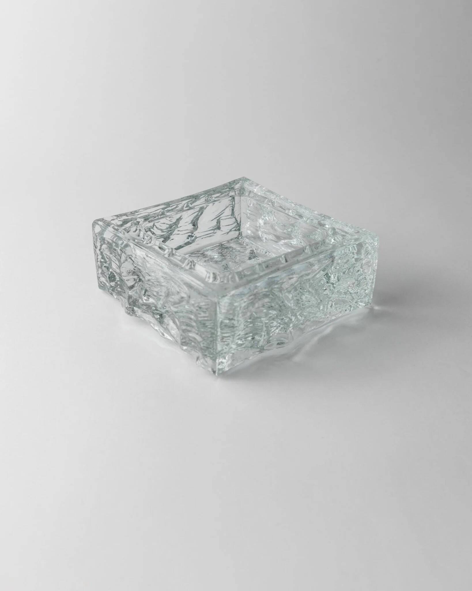Large Vintage Murano Glass Ashtray - Transparent Glass with Ice Texture, Italian 1970s Design