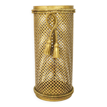 Hollywood Regency umbrella stand in gold metal with cord and tassels, Li Puma Firenze, 1950.