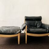 Danish Oak and Leather Lounge Chair with Ottoman