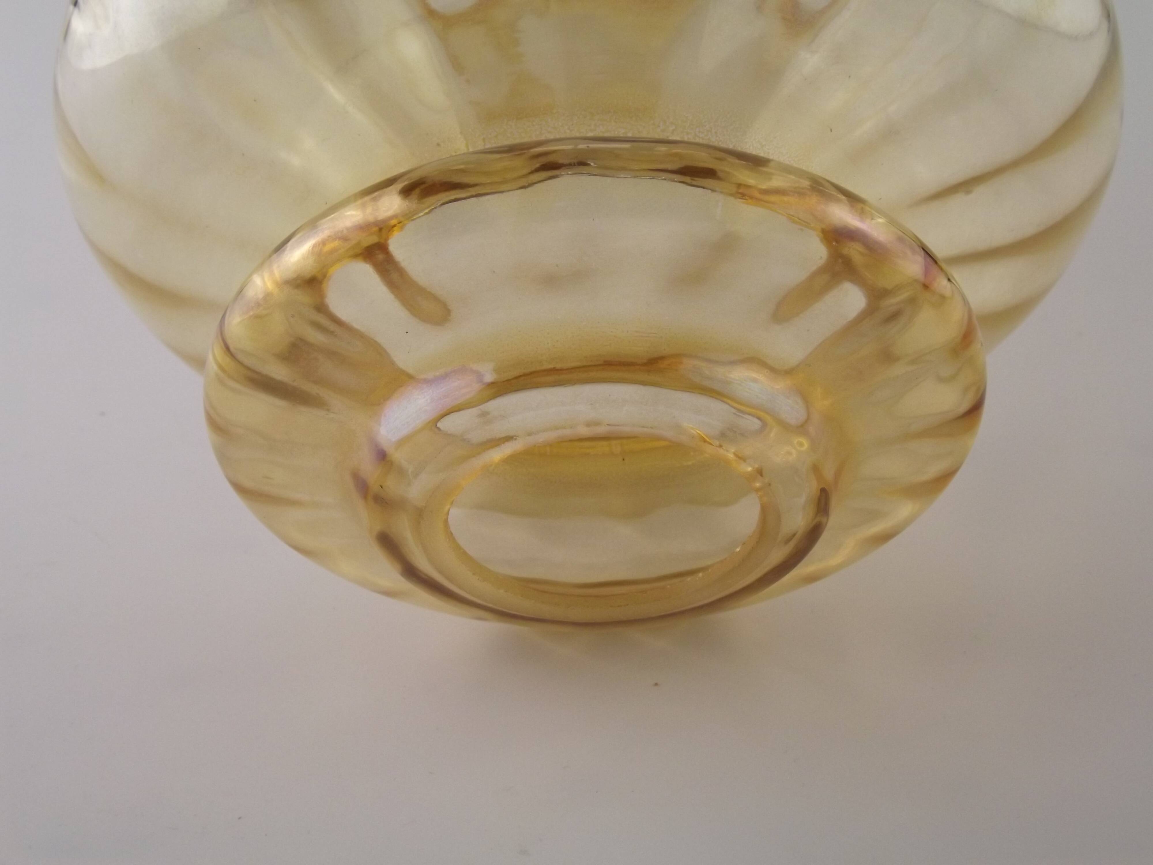 Large Mid Century Amber Glass Light Shade With Ribbed Effect & Frilled Edge