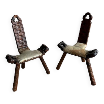 Set of Spanish wooden chairs with leather seats (1950s)