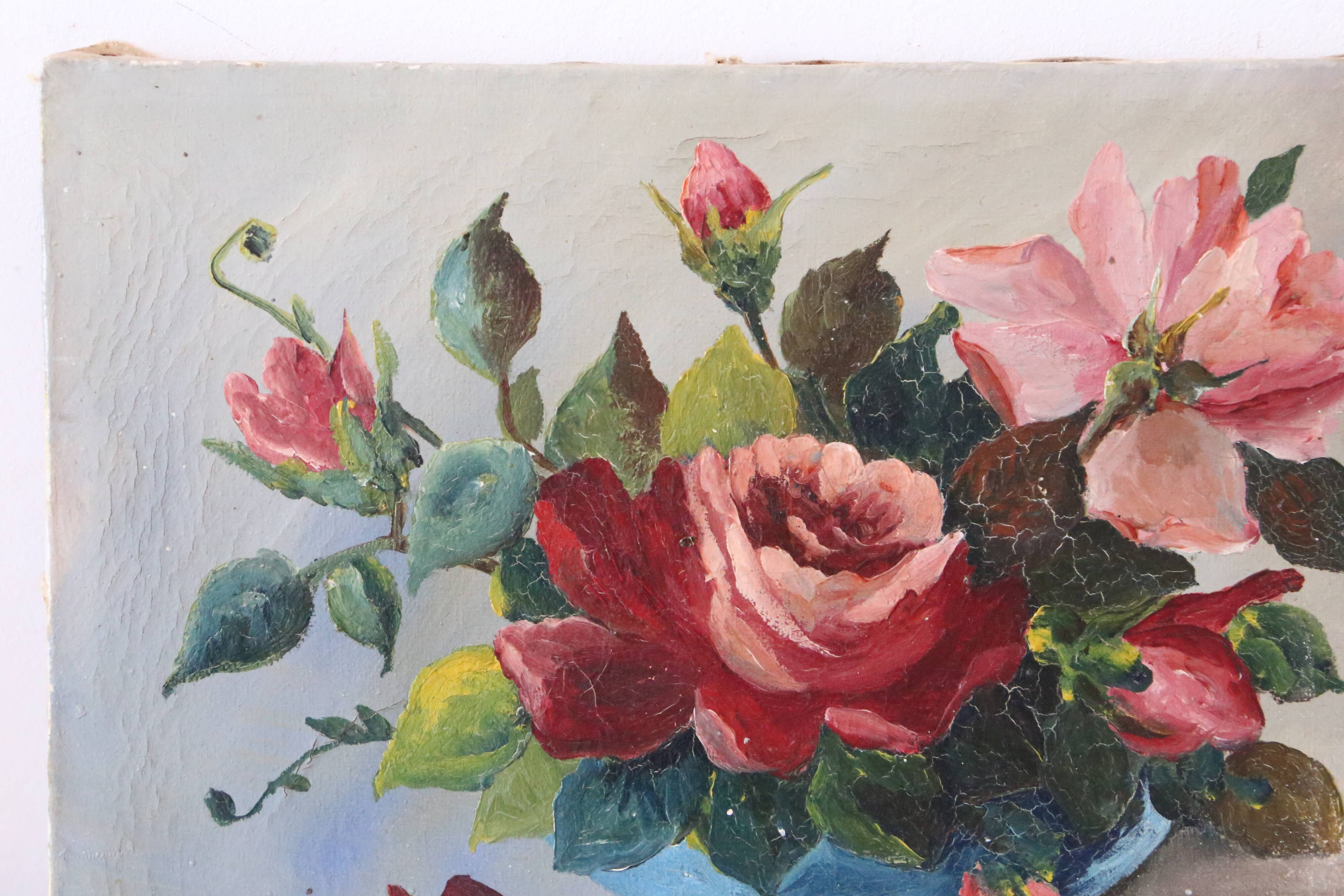 Painting bouquet of flowers, still life, signed Louis Andrey, oil on canvas, mid-twentieth