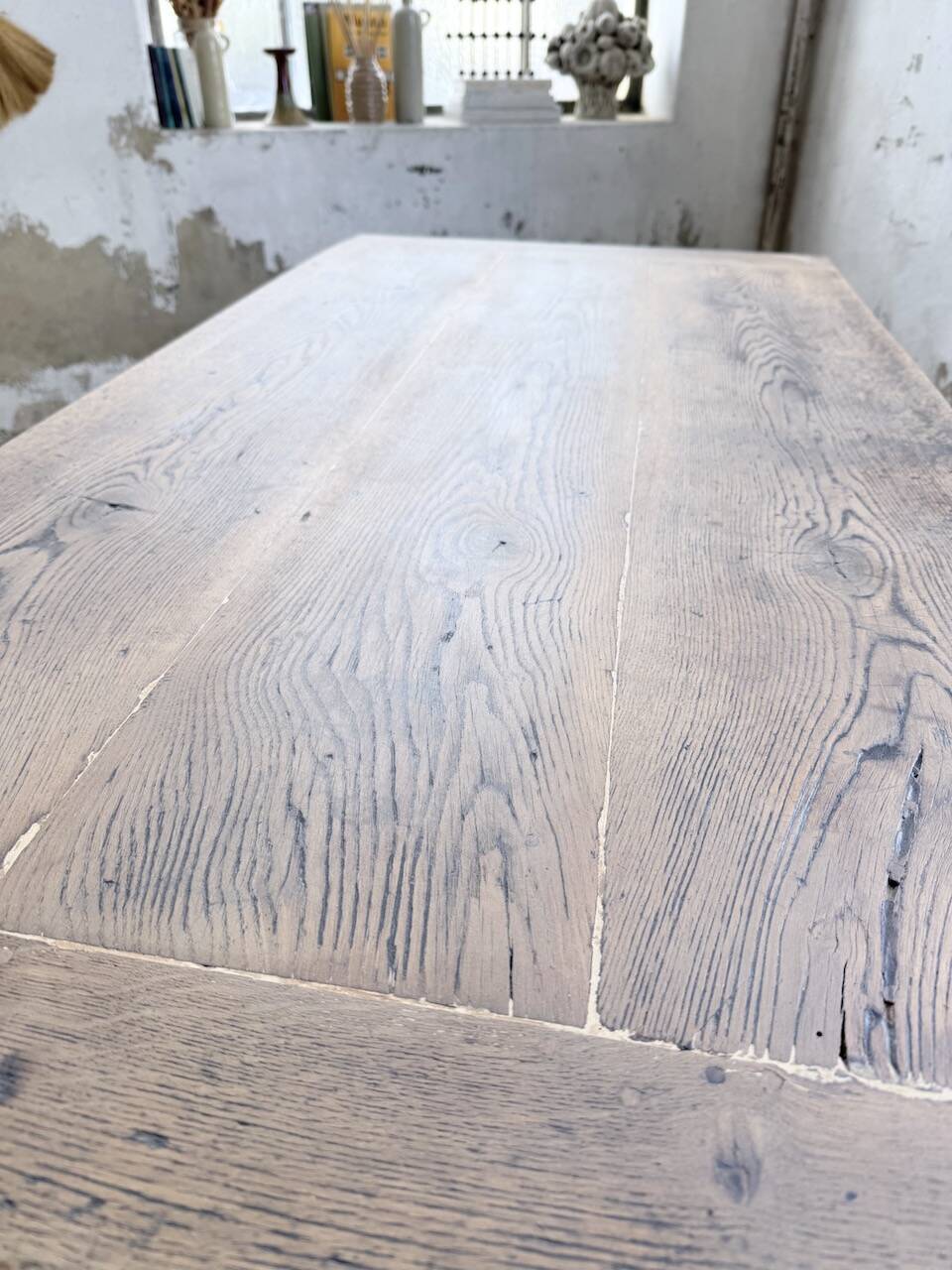 Solid oak farmhouse table with integrated extensions 1950