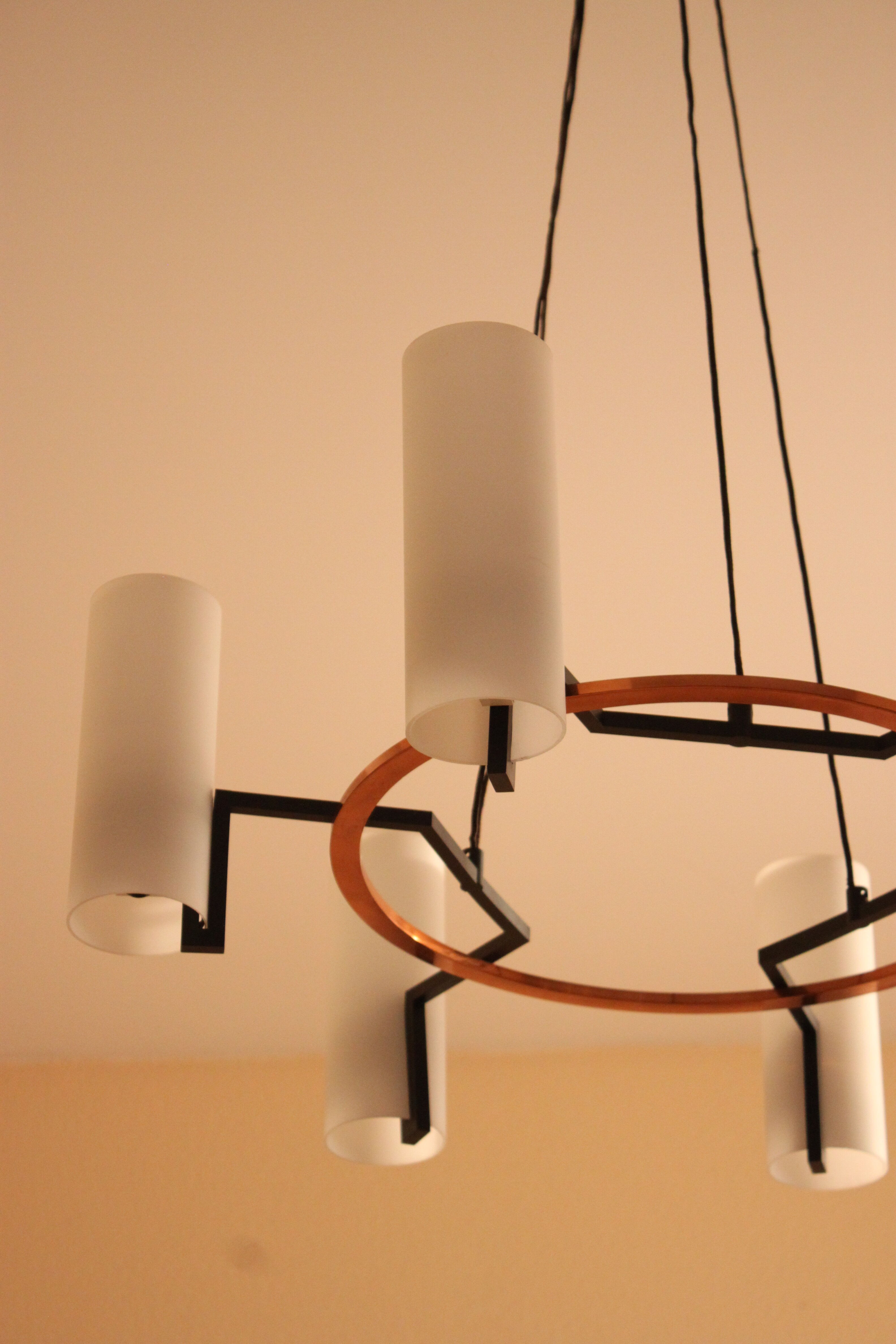 Modernist chandelier of the 60s, copper and opaline, cathedral