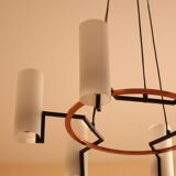 Modernist chandelier of the 60s, copper and opaline, cathedral