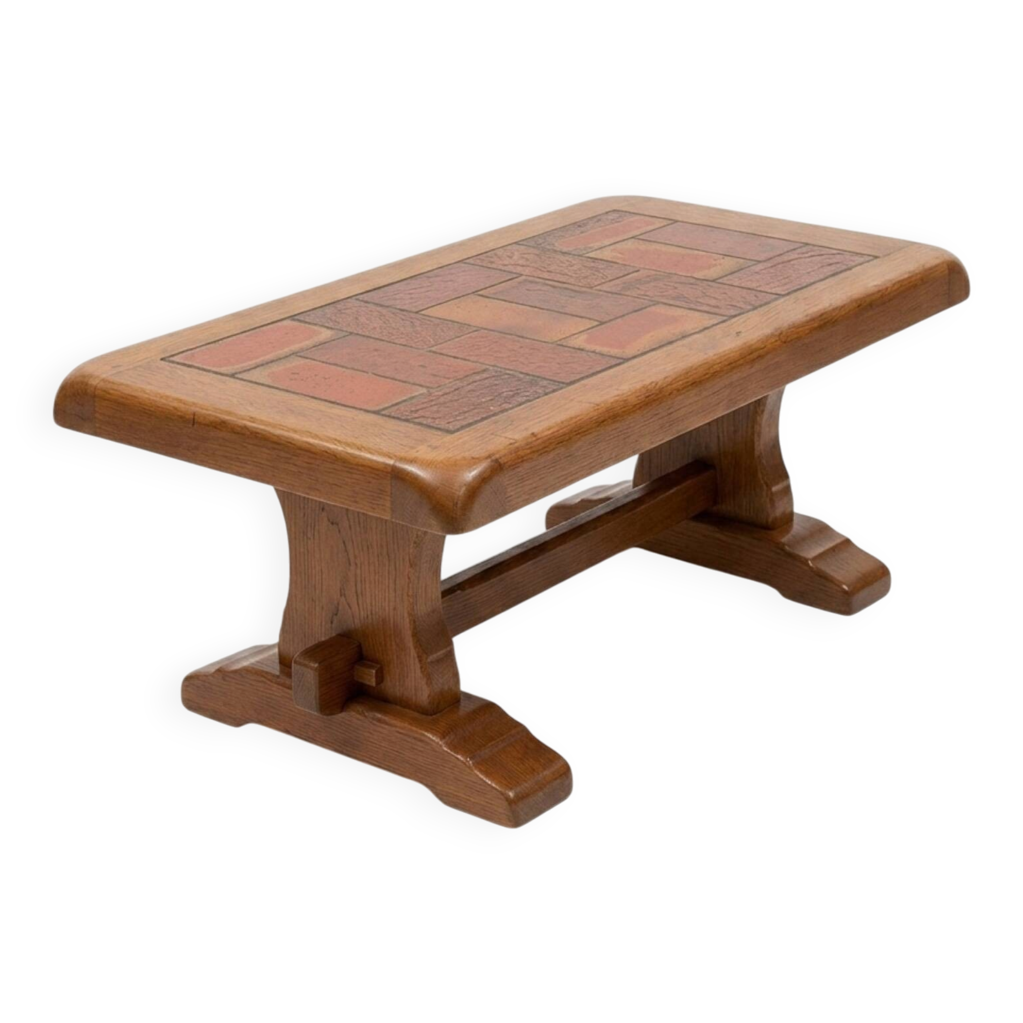 Brutalist coffee table in solid oak and ceramic – 1970
