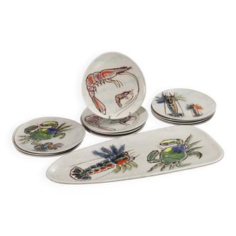 MBFA pottery in Pornic, fish service, 12 pieces, Brittany, 1950s.