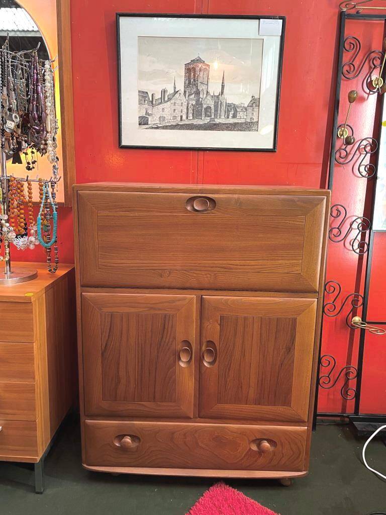 Ercol English wooden secretary, on wheels – 1970s.