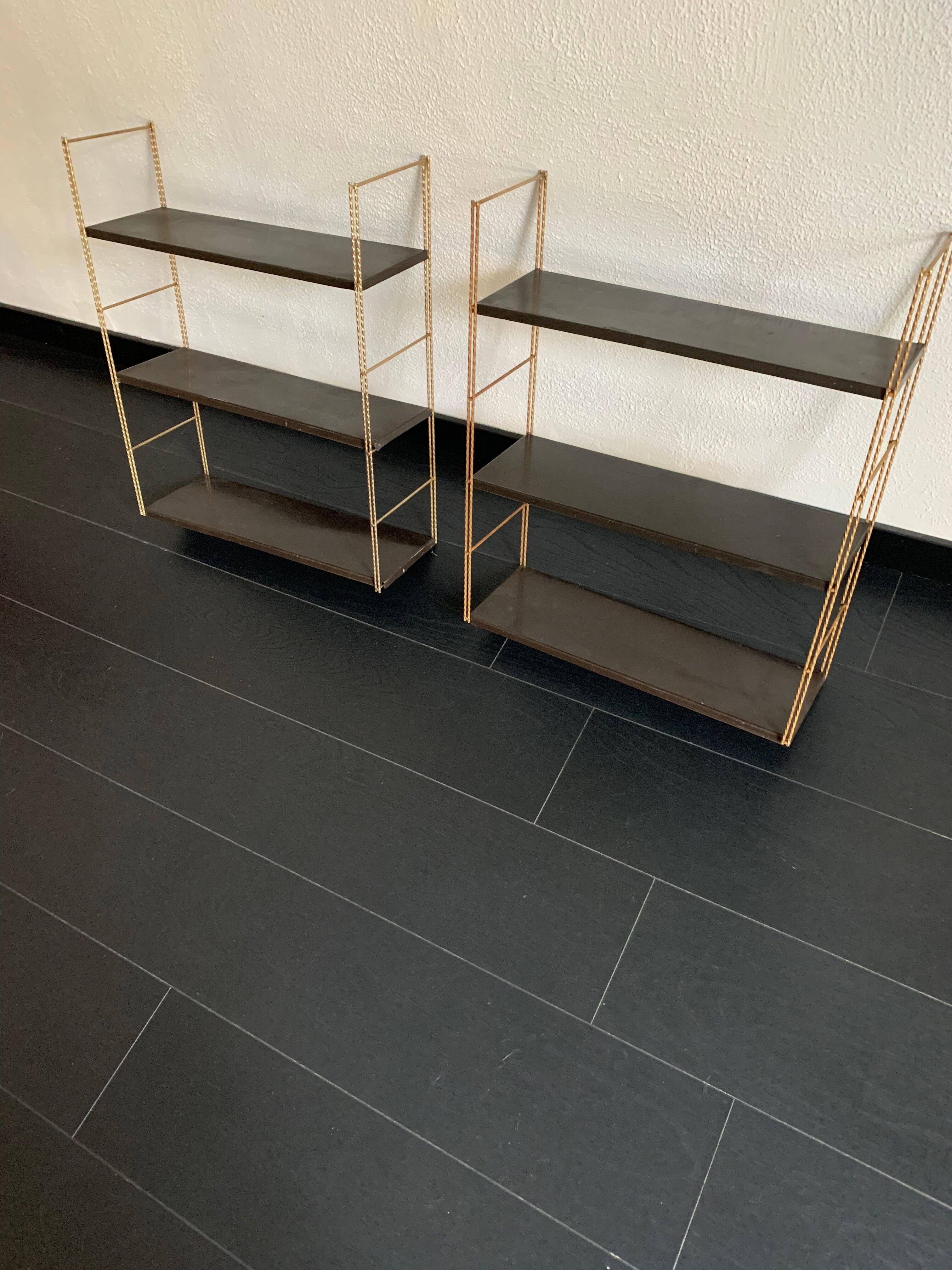 Pair shelves vintage 1960 string chocolate gold - 144 x 58 cm