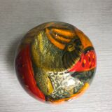 Old ceramic ball vase enamelled drawing fruits interior white vintage