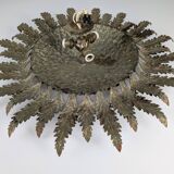 Golden Sunburst Ceiling or Wall Lamp with Leaf Rays, 1950s