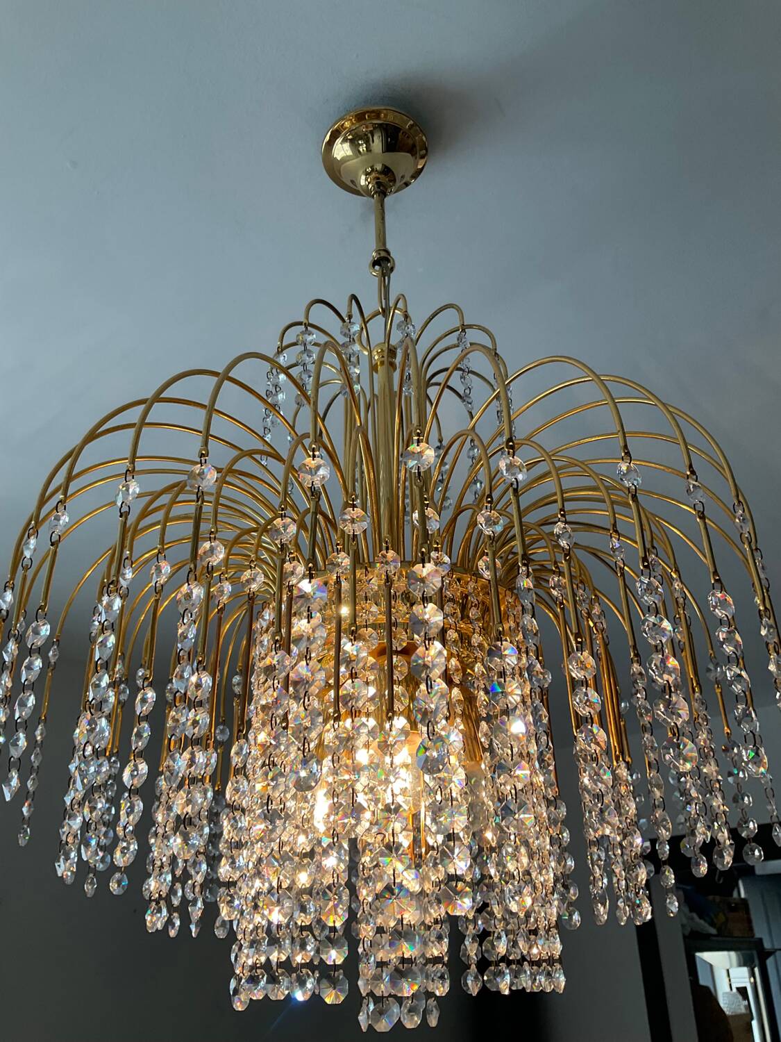 Vintage brass chandelier with crystal tassels cascade