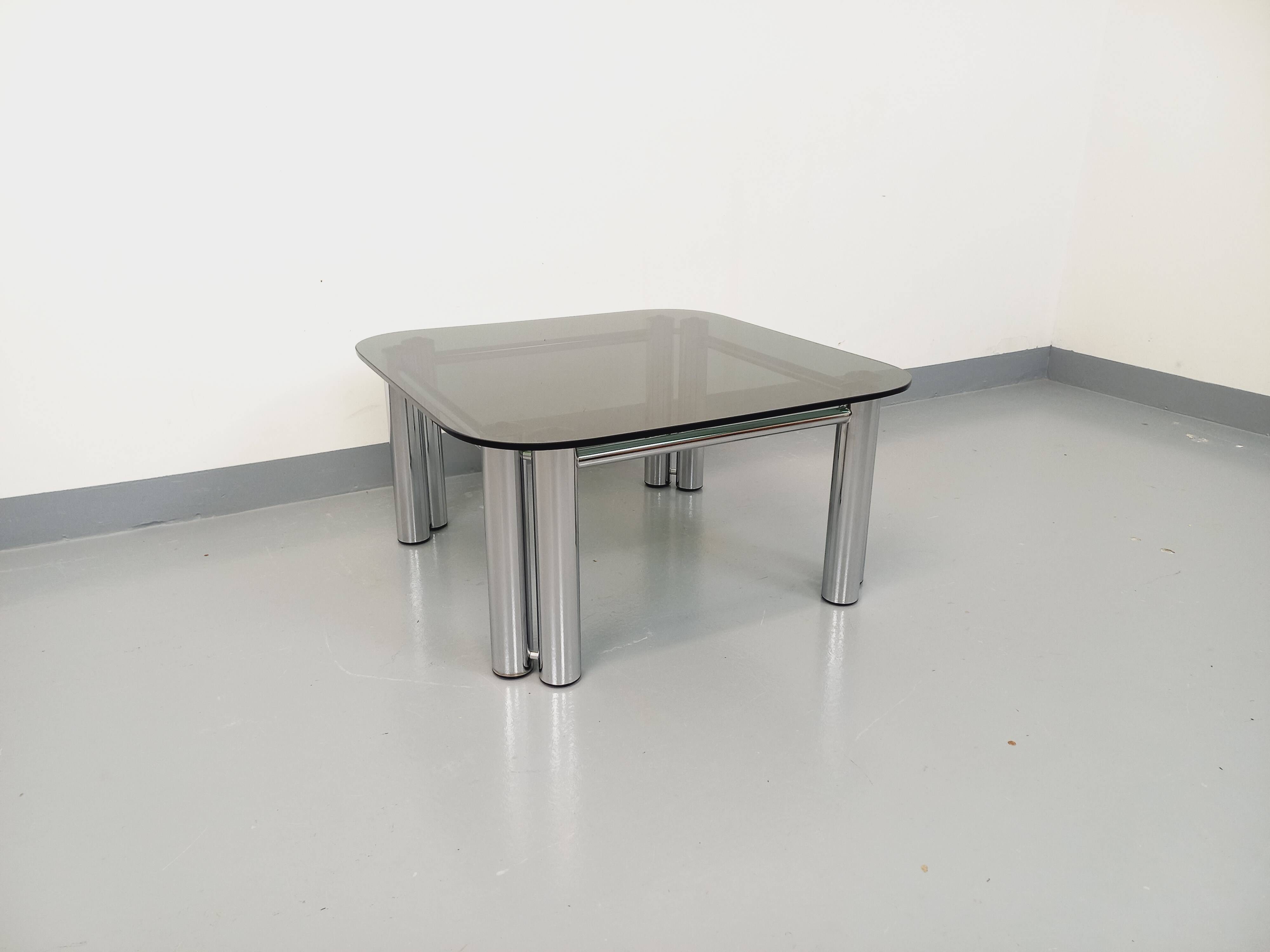 Vintage Italian Space Age square coffee table in smoked glass and chrome metal