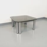 Vintage Italian Space Age square coffee table in smoked glass and chrome metal