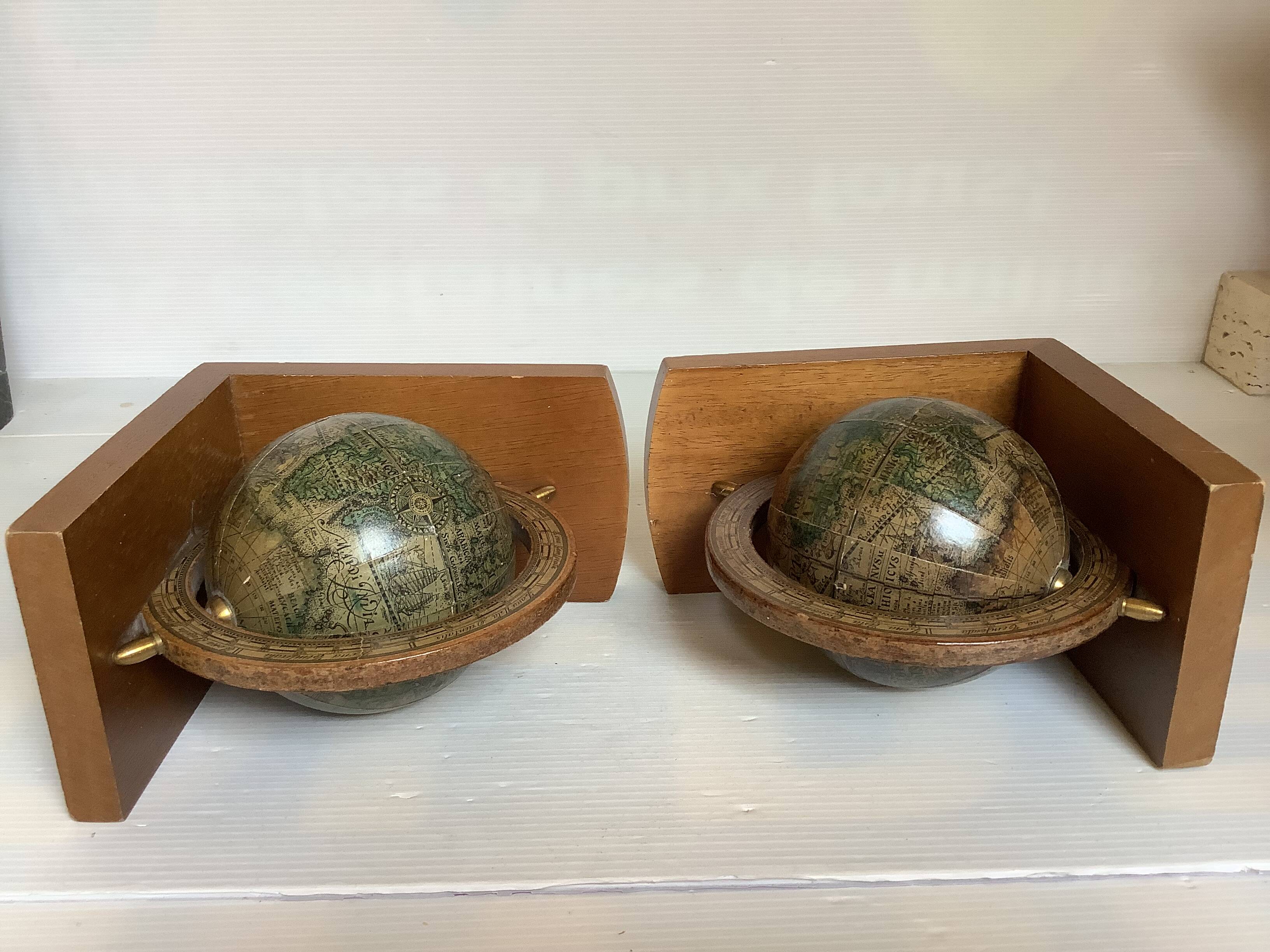 Pair of wooden world map bookends