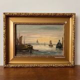 Voilier relaxant et pêche sur la peinture à l'huile du lac à bord