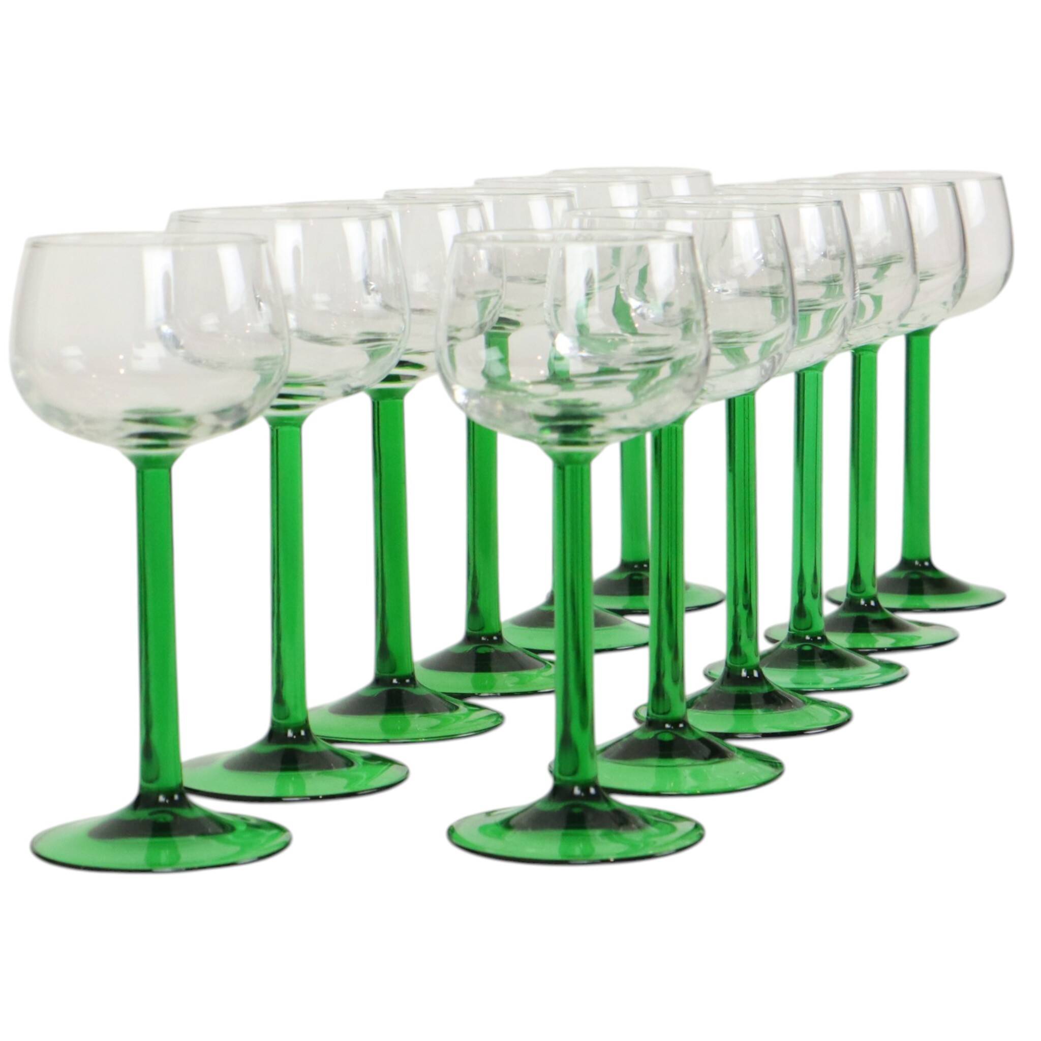 Set of 12 Vintage Luminarc Alsace Wine Glasses Thick Green Stems