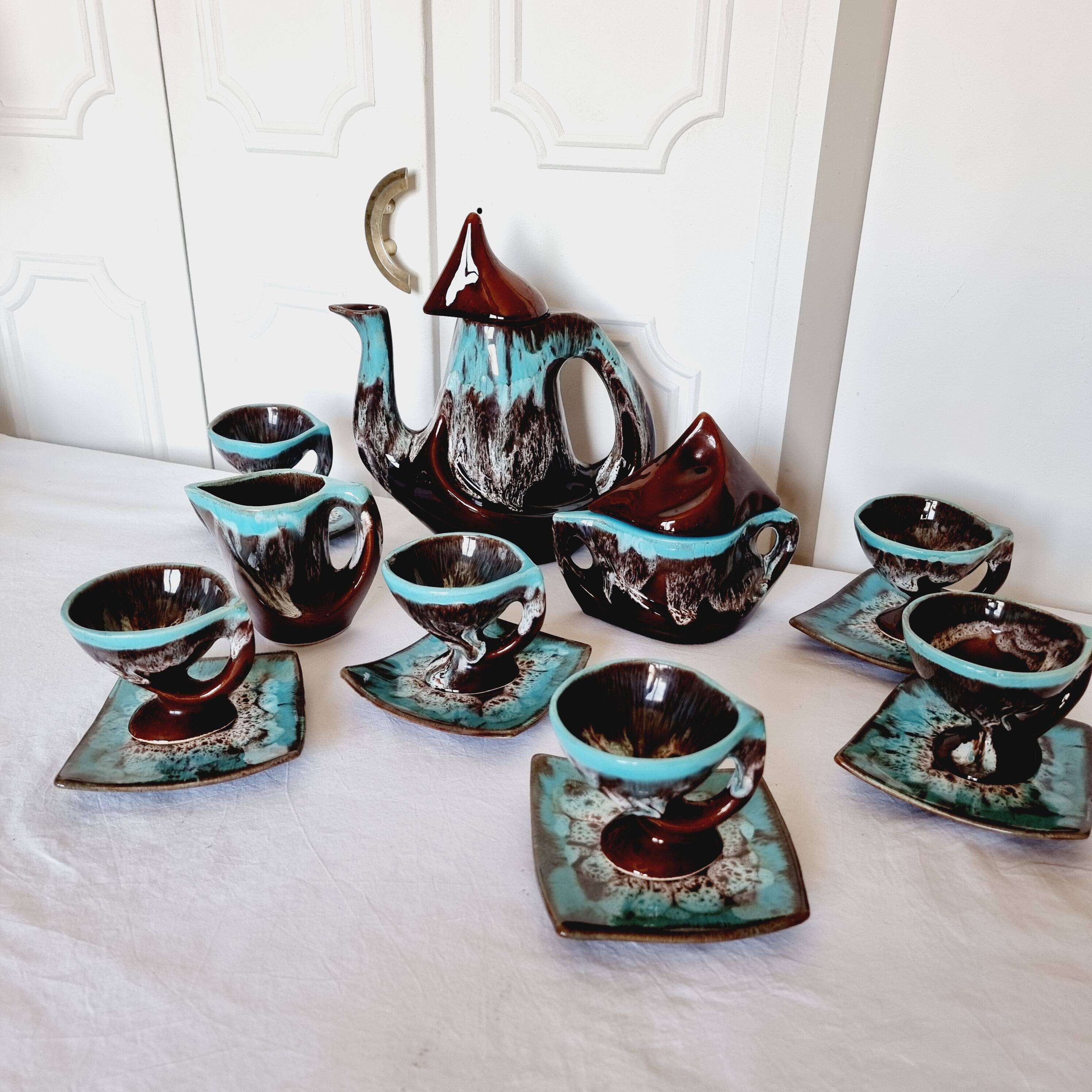 Impressionnant service à café français en céramique de Vallauris, design de style milieu du siècle