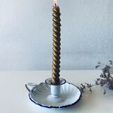 Antique candle holder in white and blue enamelled metal