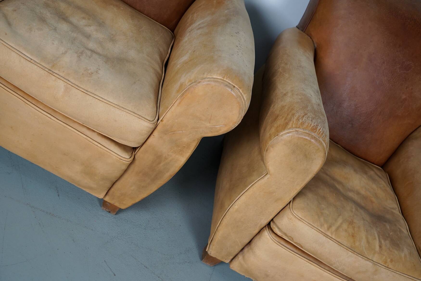 Pair of French Cognac Moustache Back Leather Club Chairs, 1940s