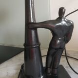 Metallic black table lamp and opal globe 1980s