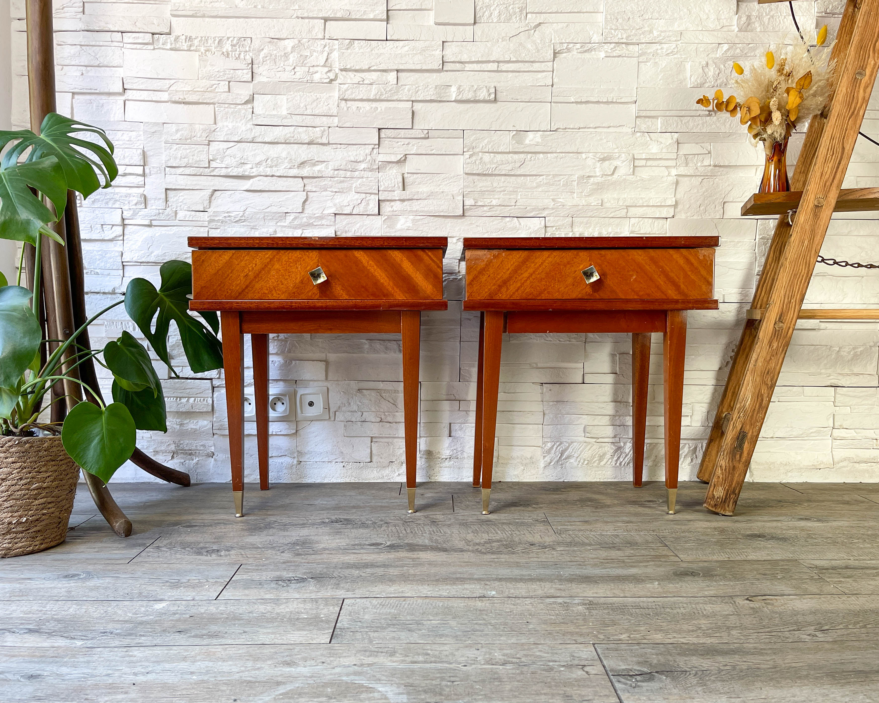 Pair of Scandinavian bedside tables compass feet