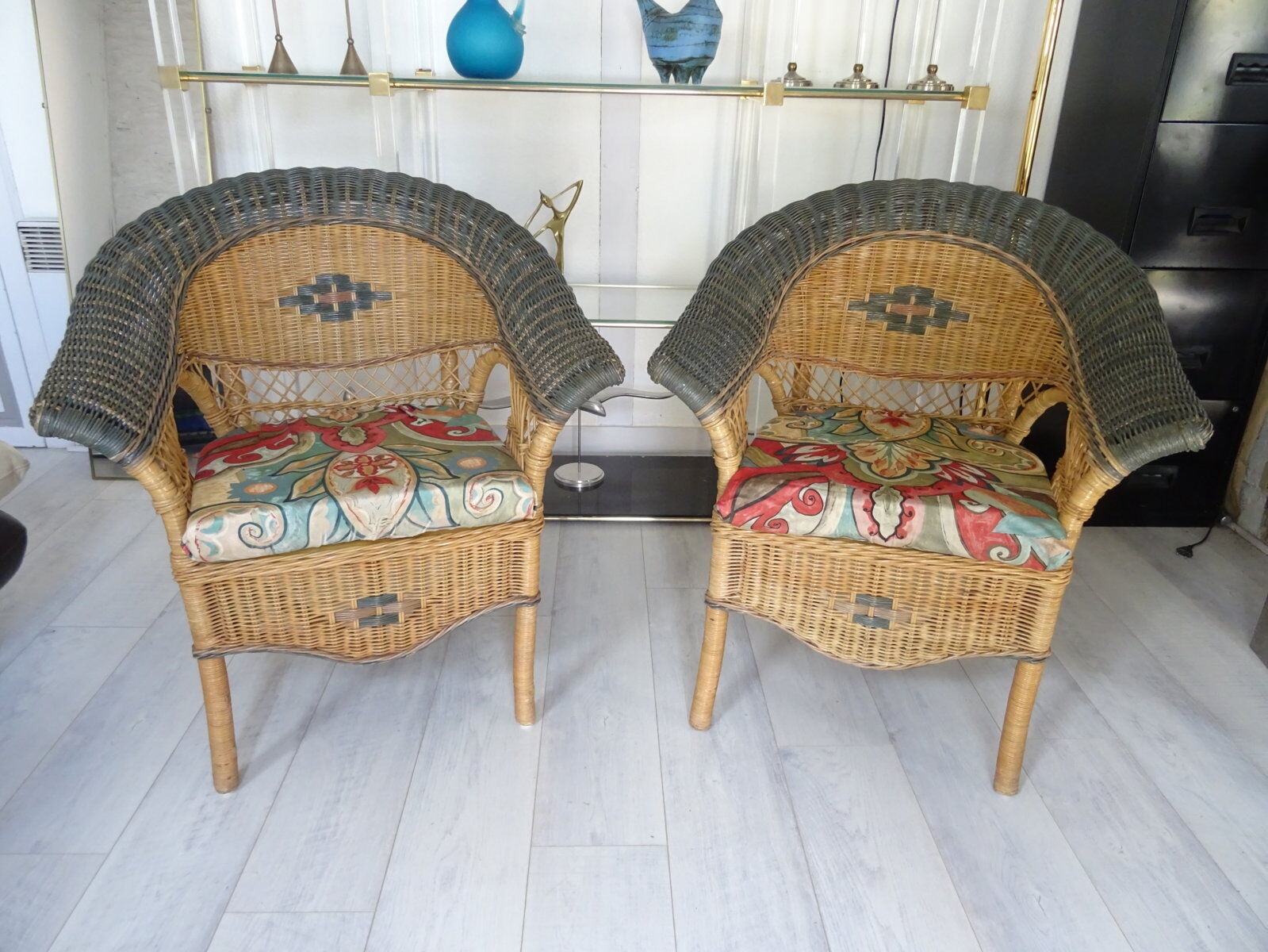 Vintage rattan lounge: one bench, two armchairs
