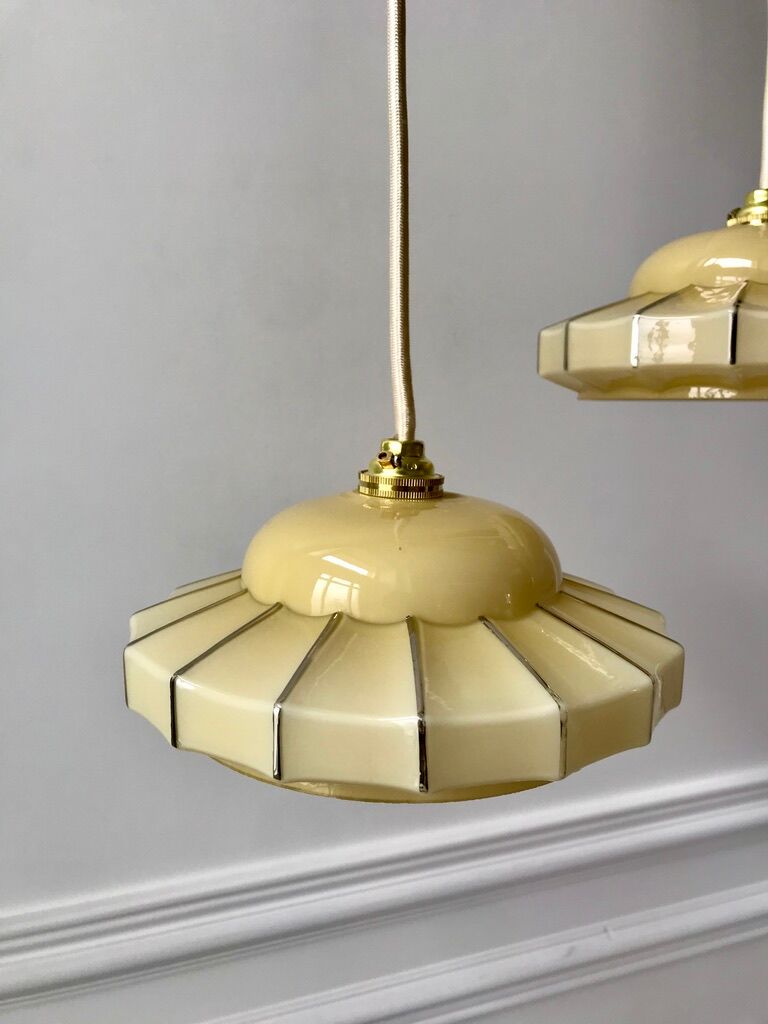 Pair of suspensions in opaline glass cream and silver border art deco 30s
