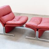 Armchair and pouf in red leather, Vitelli and Ammannati, for Brunati 70/80