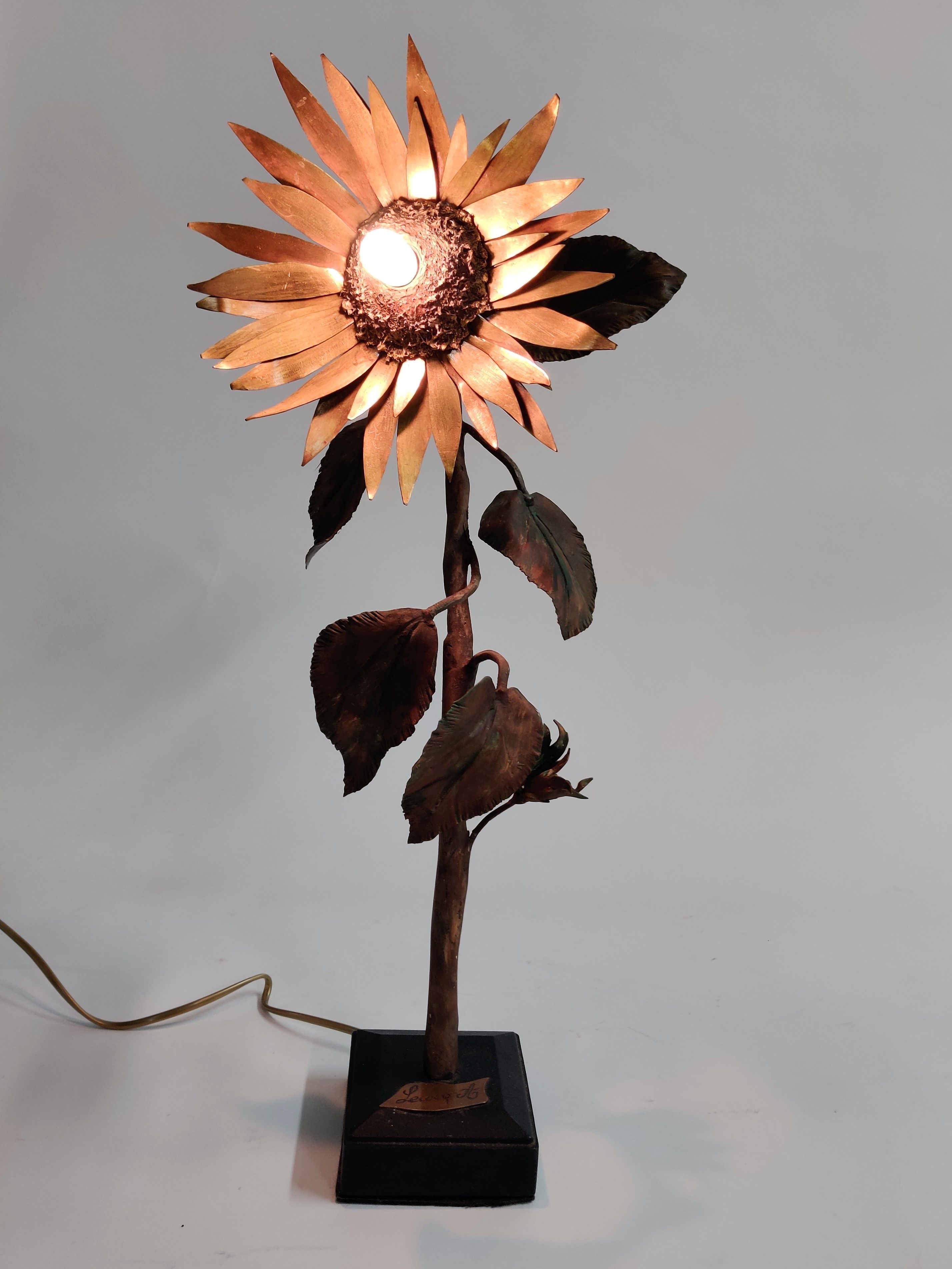 Vintage metal and bronze sunflower sculpture lamp, 1970s belgium