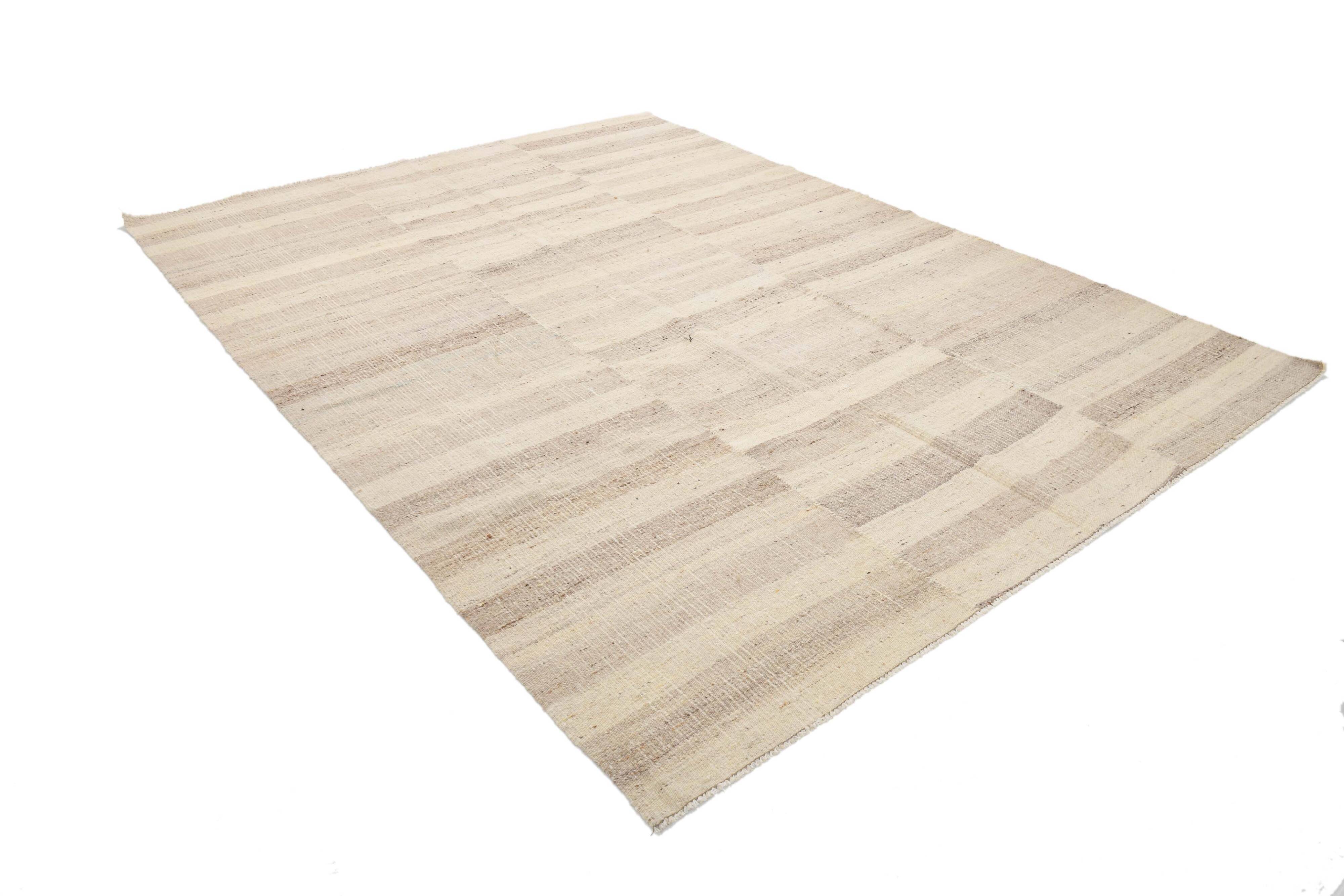 Striped Pattern Brown & Cream Vintage Kilim Rug, 220x300Cm