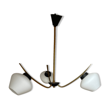Vintage chandelier 3 fires in brass and opaline, circa 1960