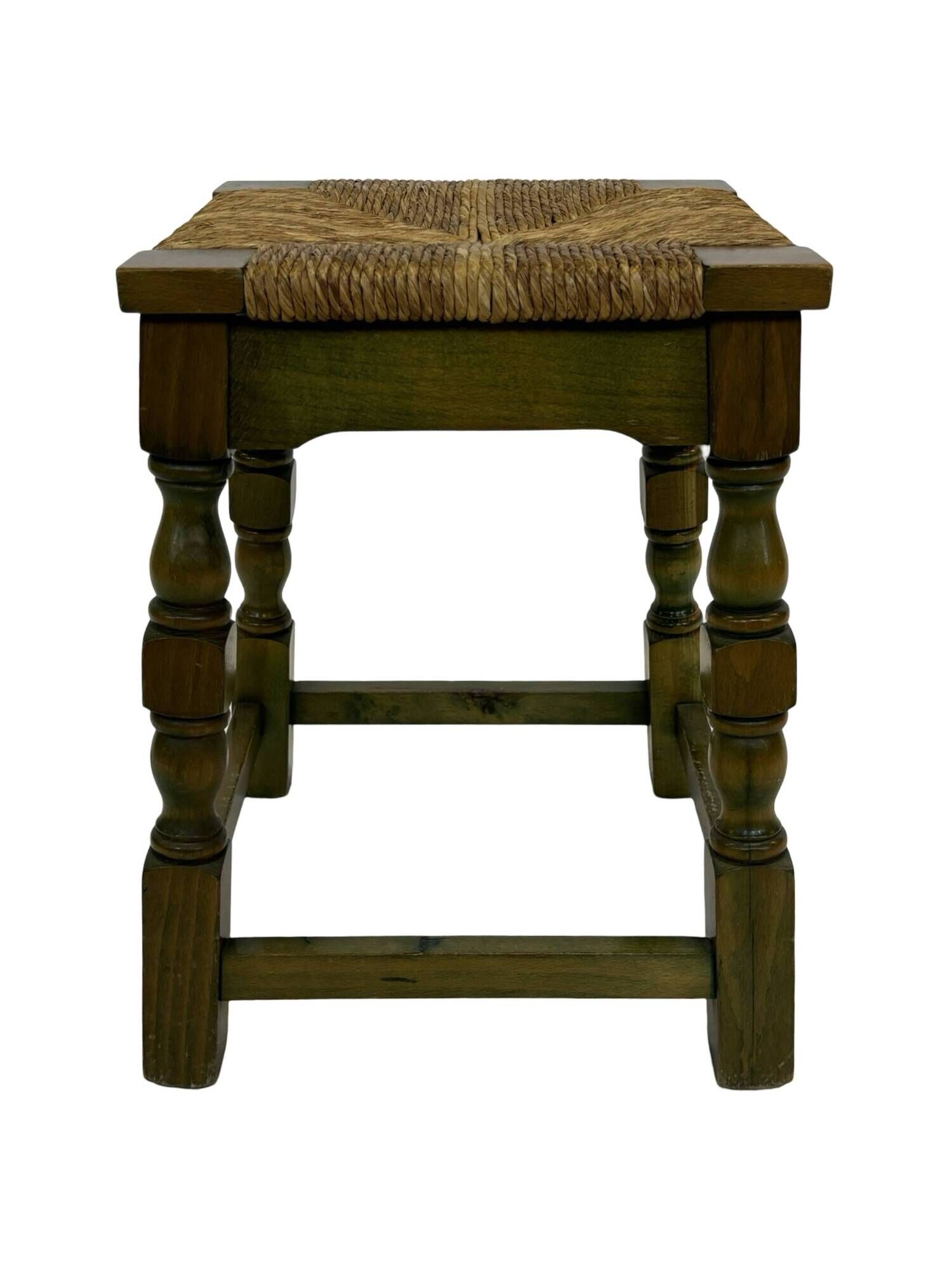 Vintage wooden stool straw seat 70s minimalist design in green